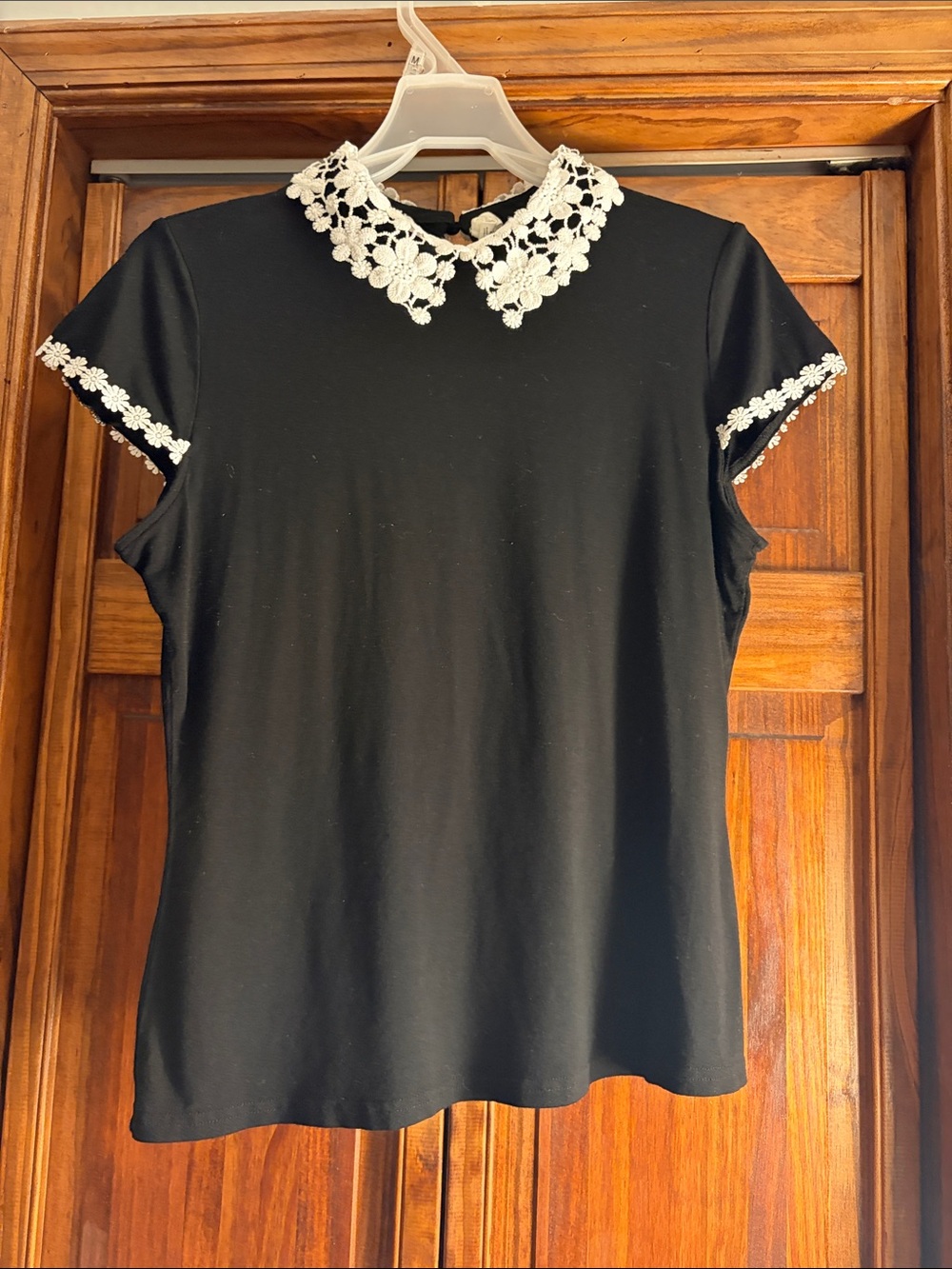 Black Short Sleeve Top with White Floral Lace Collar